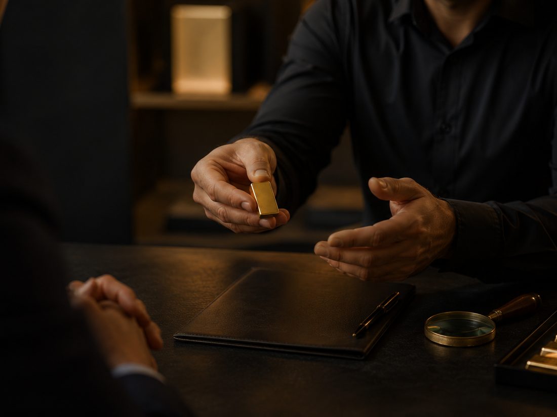 Asesor de RR GOLD explicando una inversión en oro a un cliente