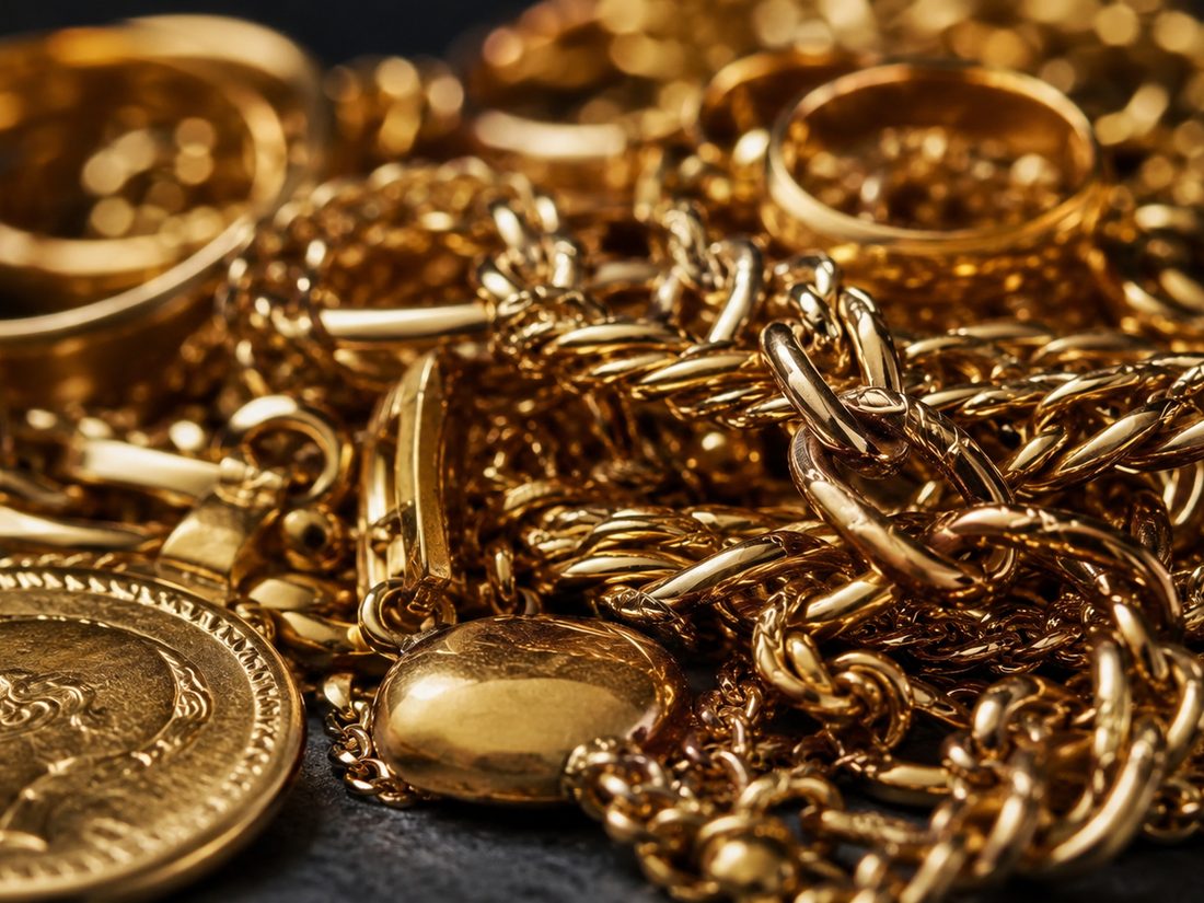Joyas de oro: cadenas, anillos y monedas