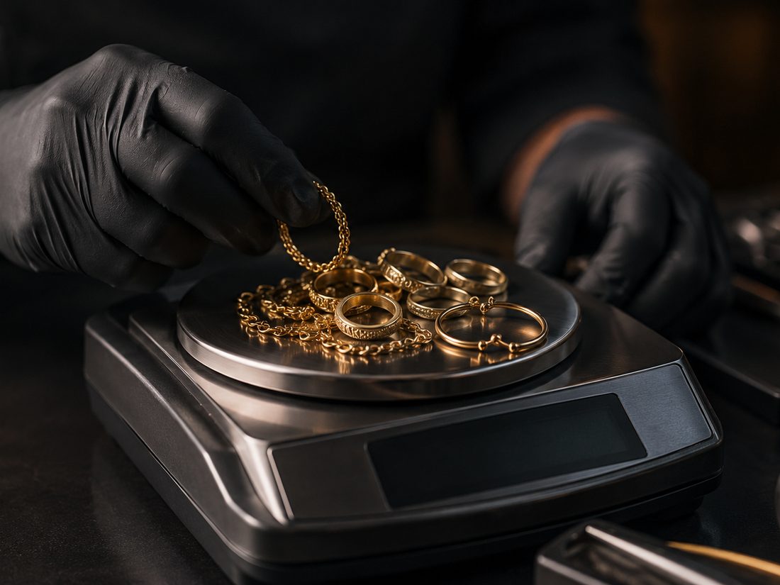 Tasación profesional de joyas de oro en balanza de precisión